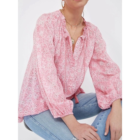 Emerson Fry India‎ Collection Pink Floral Block Print Bardot Peasant Top Large - Picture 3 of 12